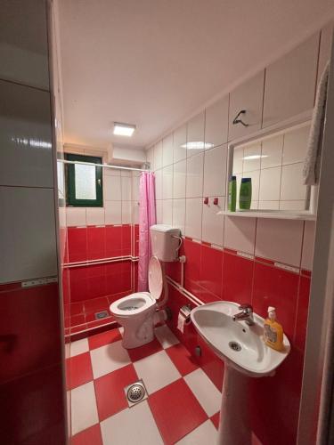 a red and white bathroom with a toilet and sink at Staro Lane in Sjenica
