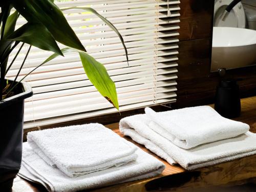 a bathroom with white towels on a table with a plant at Suputnyk in Rakhiv