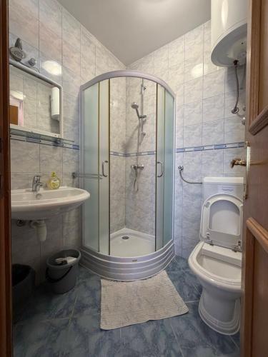 a bathroom with a shower and a toilet and a sink at Apartmani Kovačić in Kraj