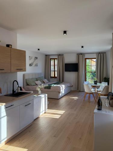 a kitchen and living room with a bed and a table at Spim na Rabí in Raby