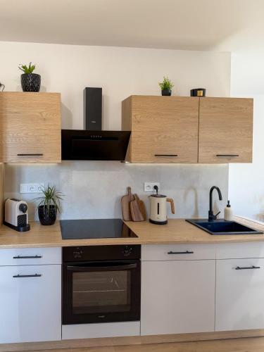 a kitchen with white cabinets and a black oven at Spim na Rabí in Raby