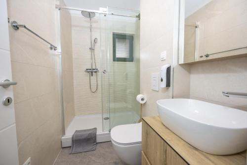a bathroom with a sink and a toilet and a shower at Beachfront Villa San't Antonio Podaca in Podaca