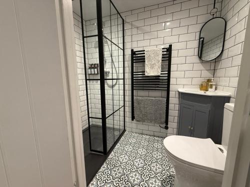 a bathroom with a shower and a toilet and a sink at Oak Lodge in Hambledon