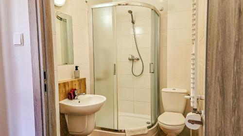 a bathroom with a shower and a toilet and a sink at Willa Rudy in Stronie Śląskie