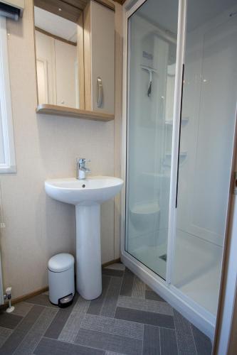 a bathroom with a sink and a shower at Sea View Lodge in Nefyn