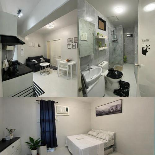 two images of a bathroom and a living room at Mely's Condotel Mactan in Mactan Island