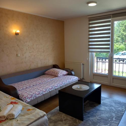 a bedroom with a bed and a table and a window at Apartmani Aleksijević Zlatibor in Zlatibor