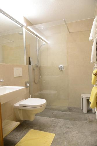 a bathroom with a toilet and a sink and a shower at "Quality Hosts Arlberg Hotel Garni Mössmer" in Sankt Anton am Arlberg