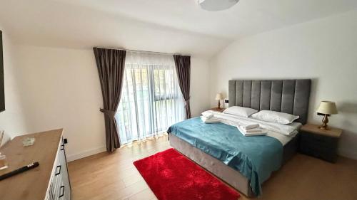 a bedroom with a bed and a large window at DREAM HOUSE Apartaments in Bistriţa