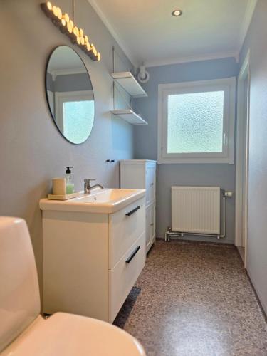 a bathroom with a sink and a mirror at Villa Älvskogen in Vidsel