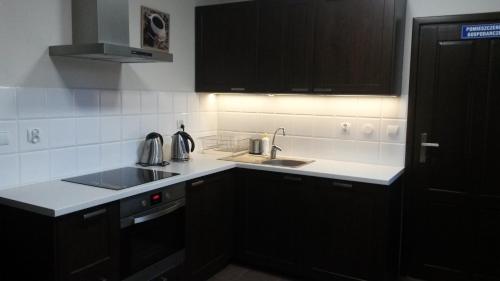 a kitchen with black cabinets and a white counter top at Eko Dom Eturia in Suchoraba