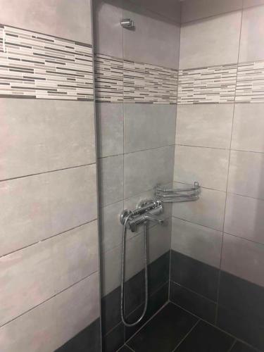 a shower with a glass door in a bathroom at Άνεμος Home 2 in Kavála