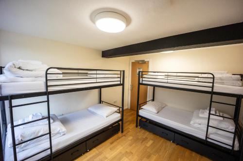 a room with three bunk beds in a dorm at Plas y Brenin - National Outdoor Centre in Capel Curig