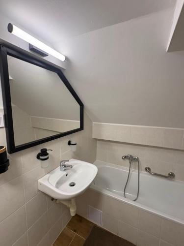 a bathroom with a sink and a mirror and a tub at Apartmán Železná panna in České Budějovice