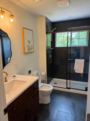 a bathroom with a sink and a toilet and a shower at Cute cottage in Sunrise Beach in Sunrise Beach