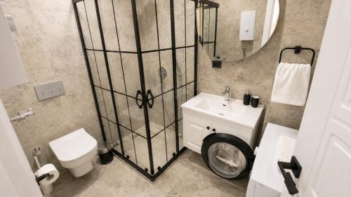 a bathroom with a toilet a sink and a mirror at Olivara Suites in Fethiye