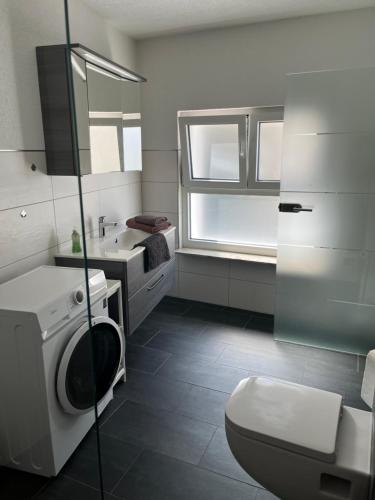 a bathroom with a toilet sink and a washing machine at Ferienwohnung Krayenbergblick 1 in Bad Salzungen