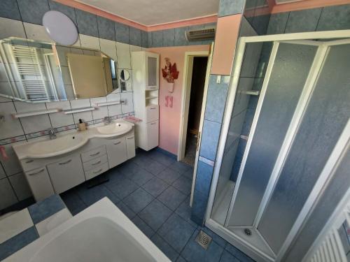 a bathroom with a shower and a sink and a tub at Apartma Regrat in Lesce