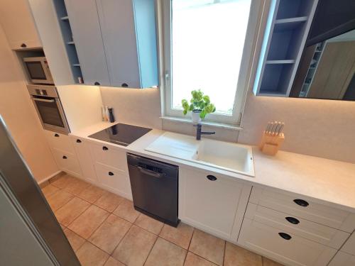 a kitchen with a sink and a window at Villa Dvojac Holiday house with Jacuzzi and grill in Jadranovo
