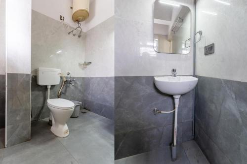 two images of a bathroom with a toilet and a sink at Hotel metro grand in Bangalore