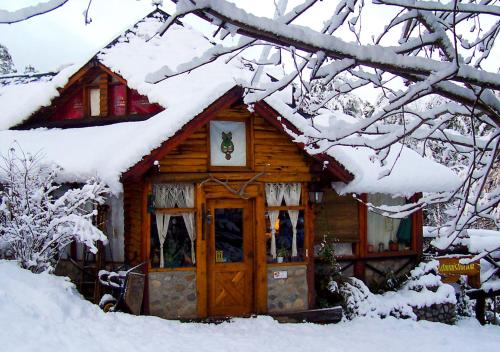 a log cabin with snow on the roof at Ruma Andina by DOT Cabana in Villa La Angostura