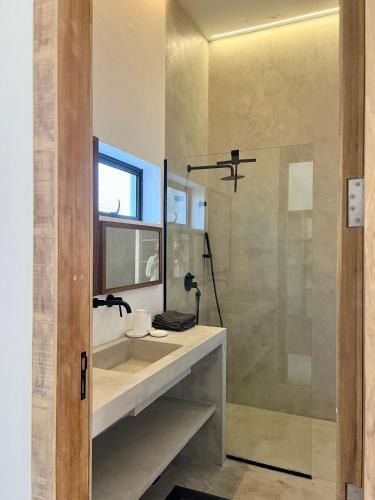 a bathroom with a shower and a sink at Le rêve des kitesurfeurs in Itarema