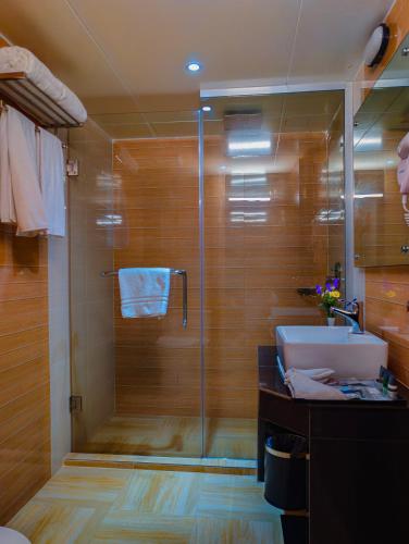 a bathroom with a shower and a sink at Crystal Heritage Inn in Dhaka