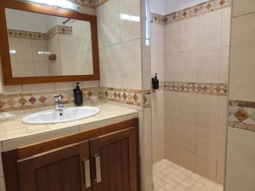 a bathroom with a sink and a shower at Fiori Di Santa Giulia in Porto-Vecchio
