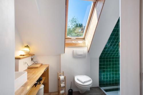 a small bathroom with a toilet and a window at Haslehaus in Feldberg