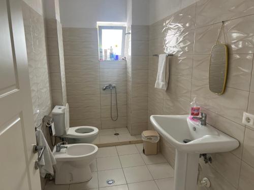 a bathroom with a sink and a toilet and a shower at LakeView Pogradec in Pogradec