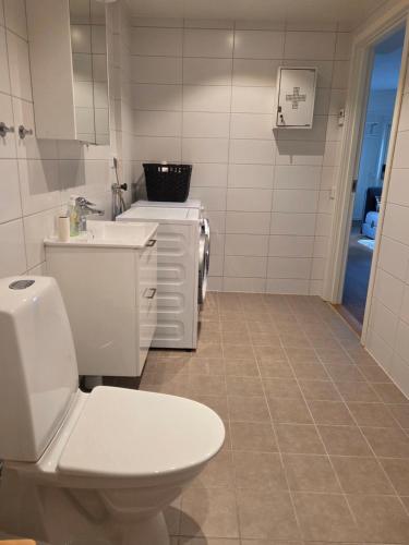 a bathroom with a toilet and a sink at 3A Centralt Boende i Dala-Floda! in Djuras