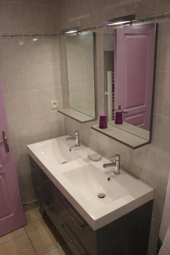 La salle de bains est pourvue d'un lavabo, d'un miroir et d'une porte violette. dans l'établissement Les écureuils, à Tramoyes