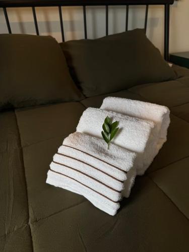 a pile of towels with a plant on top of a bed at Nosso Loft Sebollas - 4C in Paraíba do Sul