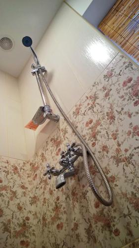 a shower nozzle in a bathroom with a floral wallpaper at Kačiūniškis in Kaciūniškiai