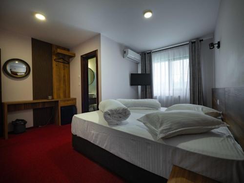 a bedroom with a large bed and a window at Pensiunea Florica in Piteşti