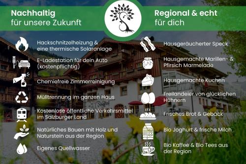 a screenshot of a flyer with the descriptions of the properties of a building at Pension Seighof - Geschichte zum Anfassen seit 1366 - inkl Bergbahnen im Sommer - regionales Frühstück - Bergpanorama - Joker Card in Saalbach-Hinterglemm