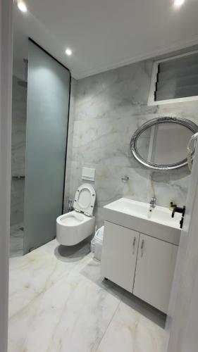 a bathroom with a toilet and a sink and a mirror at Vila Gjoni in Sarandë