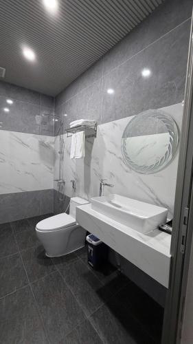 a bathroom with a toilet and a sink and a mirror at Viễn Dung Hotel in Buon Ma Thuot