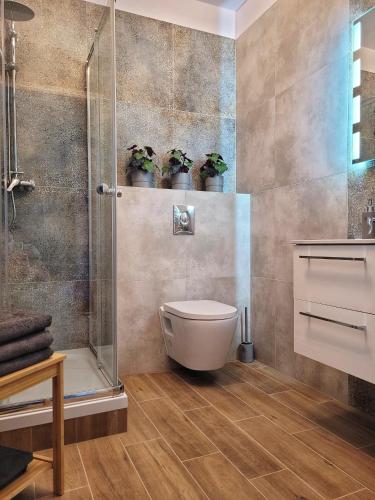 a bathroom with a toilet and a shower with potted plants at Apartament 1go Maja TK in Namysłów