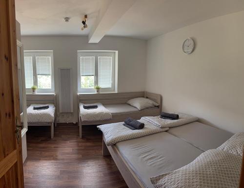 a room with two beds and a couch and windows at Apartmán Špičák in Špičák