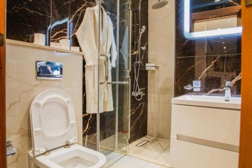 a bathroom with a toilet and a sink and a shower at Oriya Chalet - Molokai in Sowayma