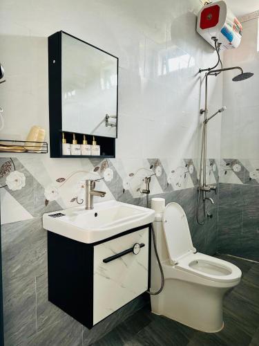 a bathroom with a sink and a toilet and a mirror at Captain's Home Phong Nha in Phong Nha