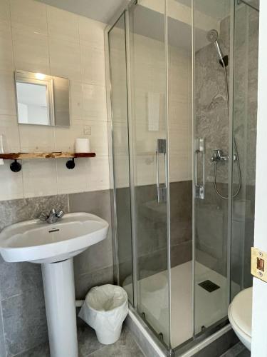a bathroom with a sink and a shower at CASA LAS OLAS DE LANGRE in Langre