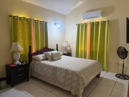 a bedroom with a bed and some green curtains at Bella Casa in Kingstown