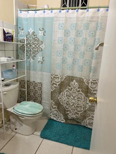 a bathroom with a shower with a toilet and a shower curtain at Bella Casa in Kingstown