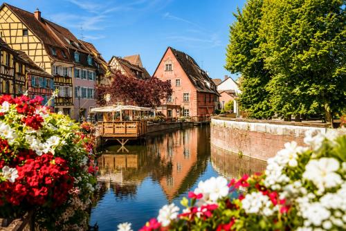 a canal in a town with houses and flowers at Nouveau - Le CityScape - Petite Venise in Colmar
