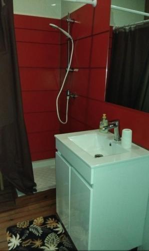 a bathroom with a sink and a shower with red walls at Baril O'thentik Gîte et Bungalow in Saint-Philippe