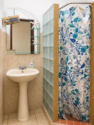 a bathroom with a sink and a shower curtain at Los Flamboyanes Cozy Suite in Aguadilla