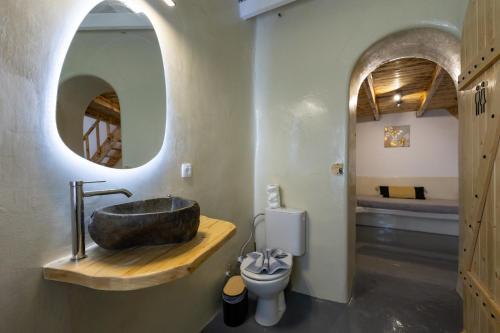 a bathroom with a stone sink and a toilet at Loft Kaves Pool & Bar Suites in Pyrgos