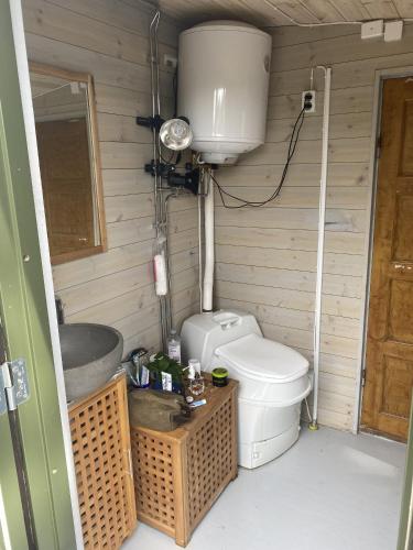 a small bathroom with a toilet and a sink at HavetÖsterlen -Sandpärlan 8 & Sandboxen 2 in Borrby